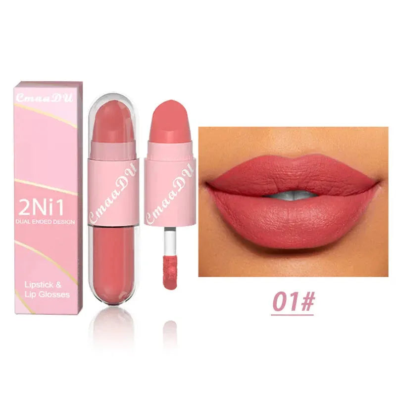 18 Colors 2 in 1 Matte Lipstick Liquid Purple Lip Glaze Double Head Lip Makeup Lasting Waterproof Velvet Sexy Dark Red Lipsticks by HMEINA Store