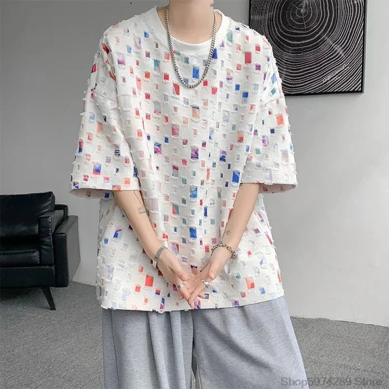 Summer Short Sleeved T-shirt Men Hollow Out Oversized Plaid T Shirt Men Streetwear Hip Hop Loose Casual Tshirt Male 5XL by Vimost Shop