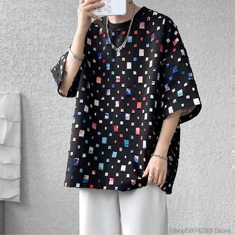 Summer Short Sleeved T-shirt Men Hollow Out Oversized Plaid T Shirt Men Streetwear Hip Hop Loose Casual Tshirt Male 5XL by Vimost Shop