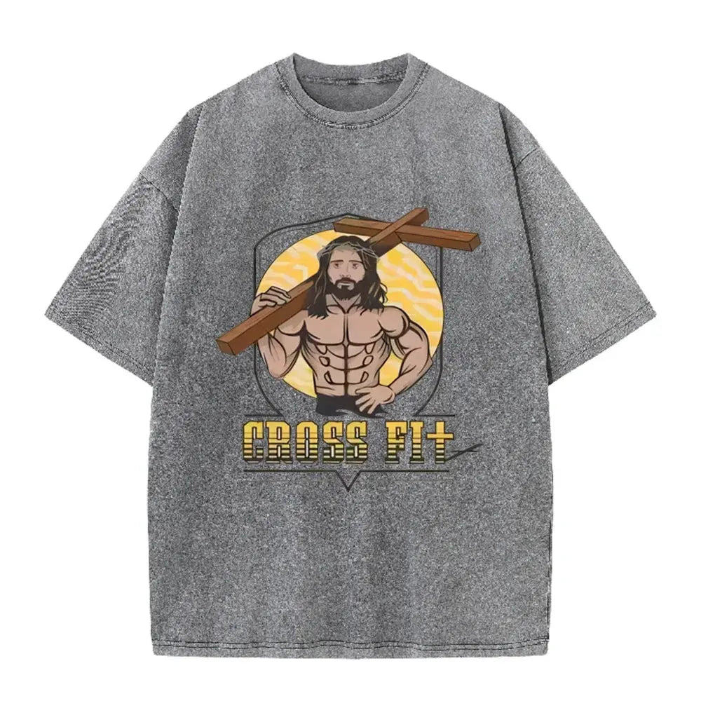 Oversized Washed Cotton Graphic T-Shirt with Short Sleeves by Vimost Shop