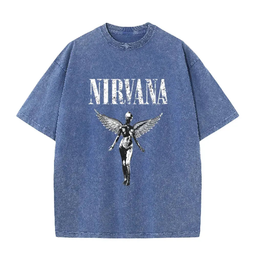 Vintage Distressed Washed Tee Nirvana Grunge Rock Silver Angel Skeleton Print Loose Fit Short Sleeve T Shirts by Vimost Shop
