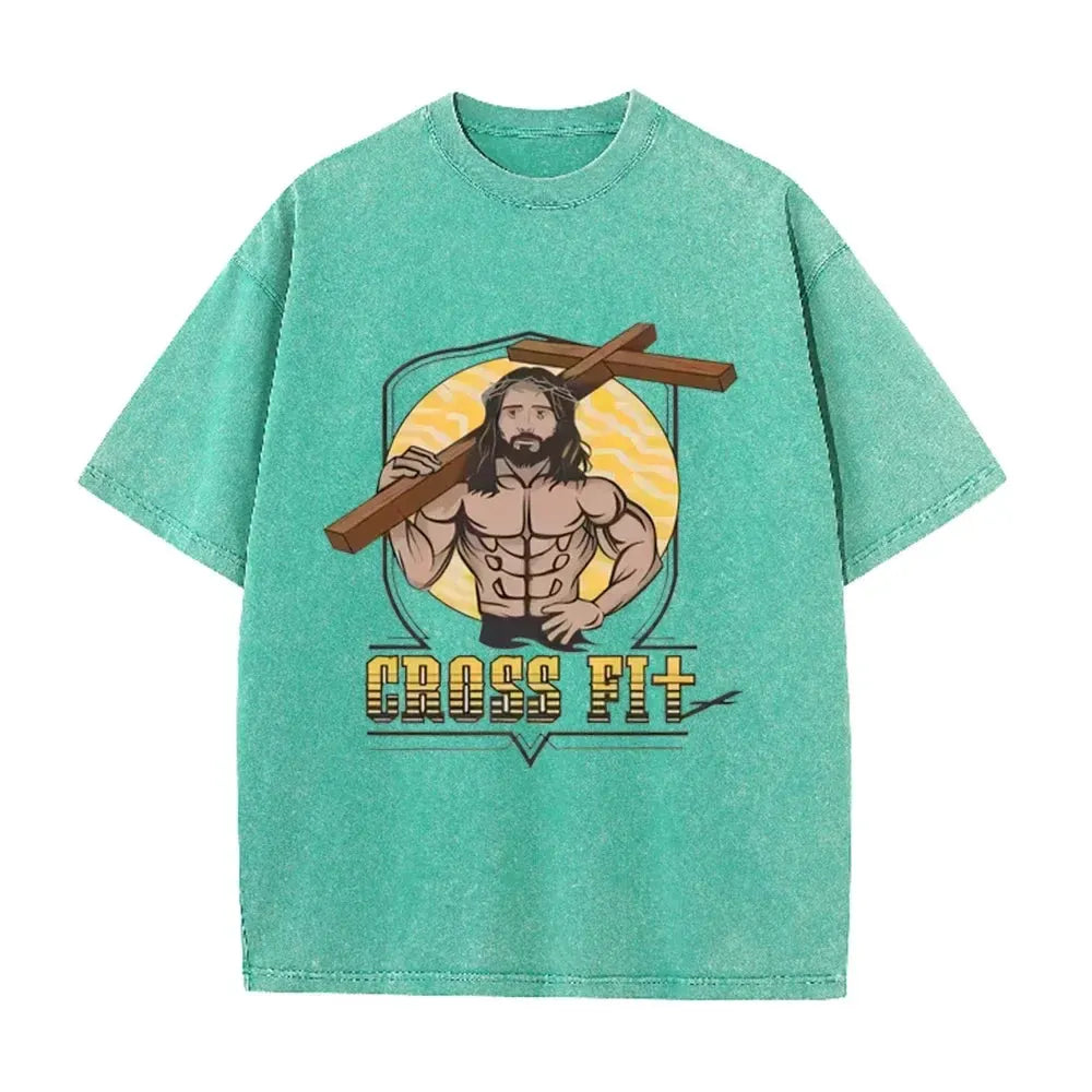 Oversized Washed Cotton Graphic T-Shirt with Short Sleeves by Vimost Shop