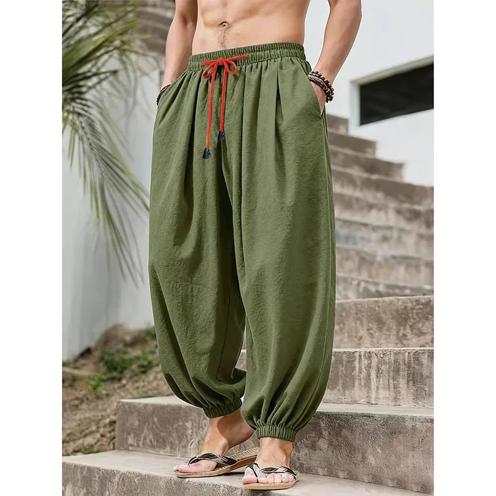 Men's Loose-Fit Cotton-Linen Harem Pants with Elastic Waist and Gathered Cuffs by Vimost Shop