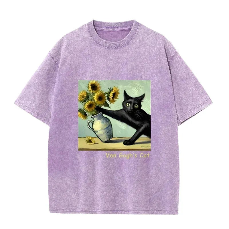 Funny s Cat Sunflower Art Print Vintage Washed Black Casual Top by Vimost Shop
