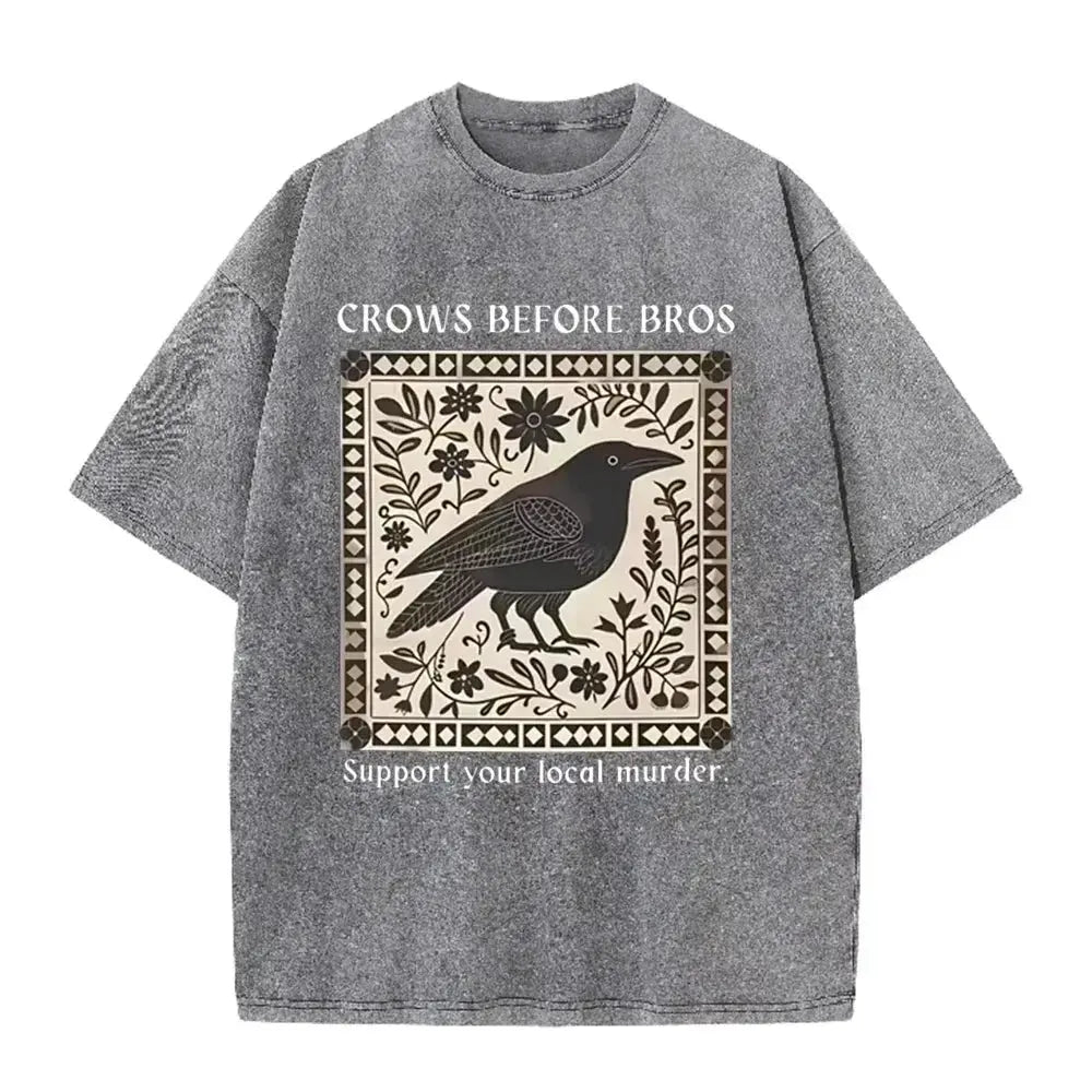 Distressed Vintage Washed Tee Vintage Square Crow Floral Print Support Local Murder Funny Slogan Loose T Shirts by Vimost Shop