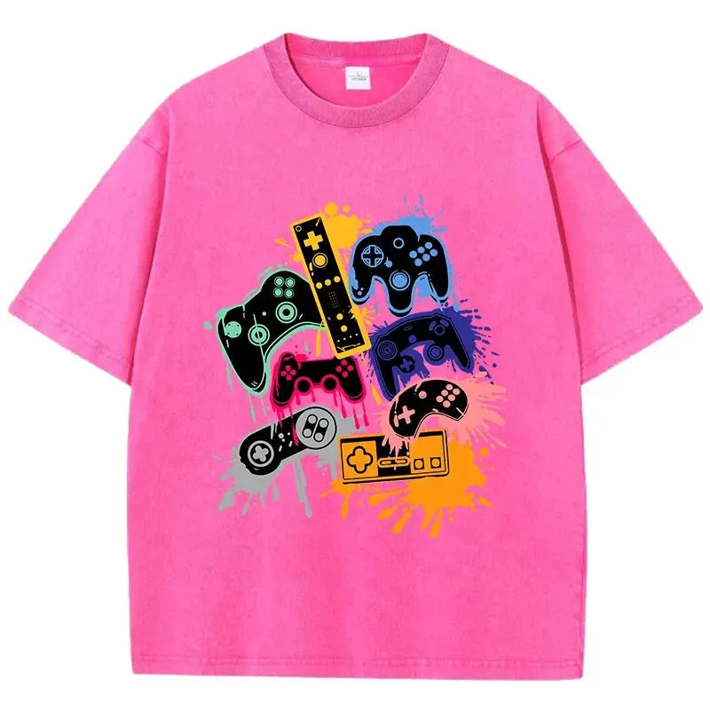 Game Console Graffiti Printing Washed T-Shirt Cotton T Shirts O-Neck Comfortable Distressed Tops Summer Mans Clothes by Vimost Shop