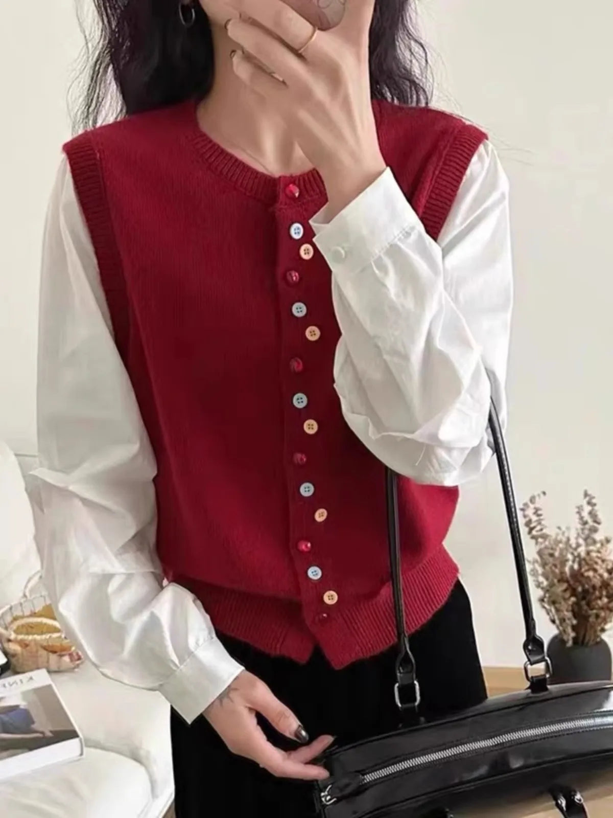 European goods color button cashmere knit vest cardigan women spring and autumn new round neck sleeveless sweater vest-6