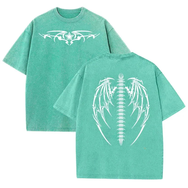 Gothic Tribal Wing Spine Print Vintage Washed Gray Y2K Casual Graphic T Shirt by Vimost Shop