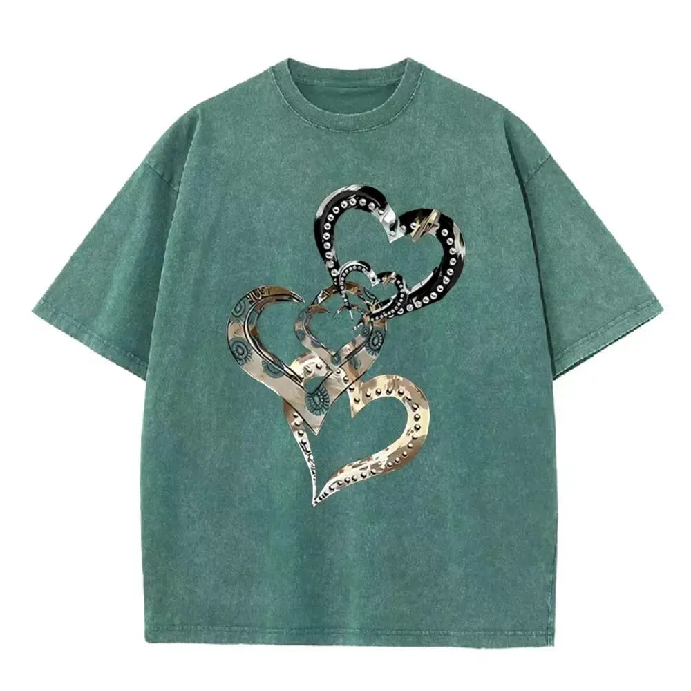 Retro Acid Wash Oversized T-shirt Metallic Multi Heart Print Punk Rivet Design Casual Street Tops by Vimost Shop