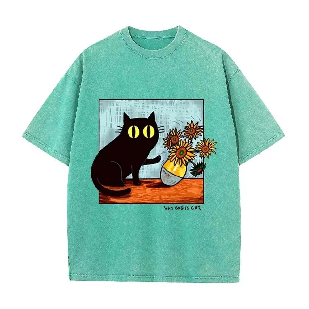 Funny Art Cat Van Gogh's Cat Print Vintage Washed Blue Casual Graphic T Shirt by Vimost Shop