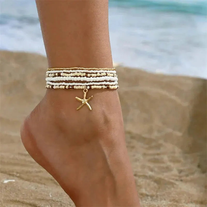 Bohemia Multilayer Rice Bead Anklet Set for Women Fashion Starfish Pendant Anklets Summer Sandy Beach Ankle Chain On Leg Jewelry by HongHaiEr Store