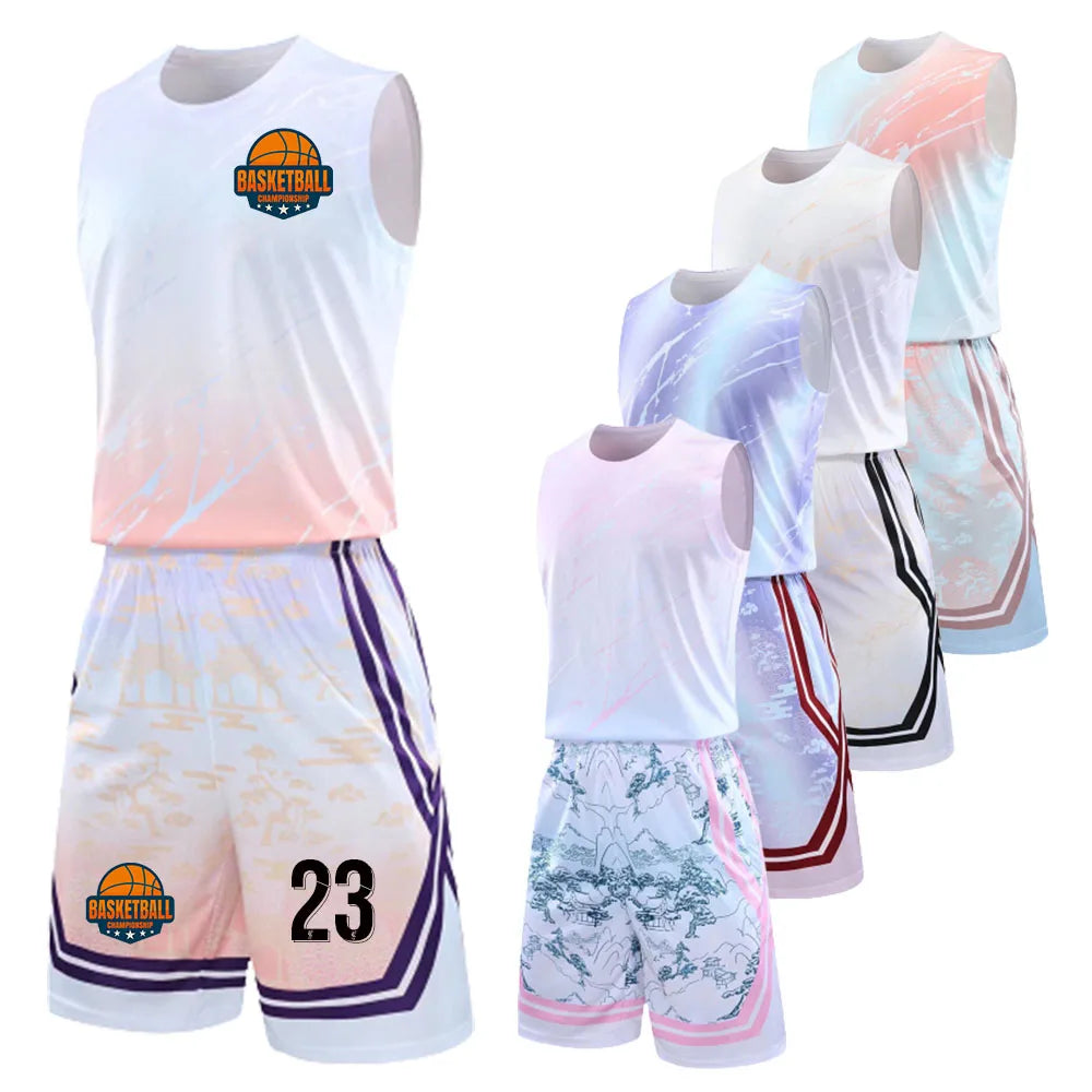 Kids Mens Custom Basketball Jersey Set Gradient Print Quick Dry Vest and Shorts Personalized Uniform-1