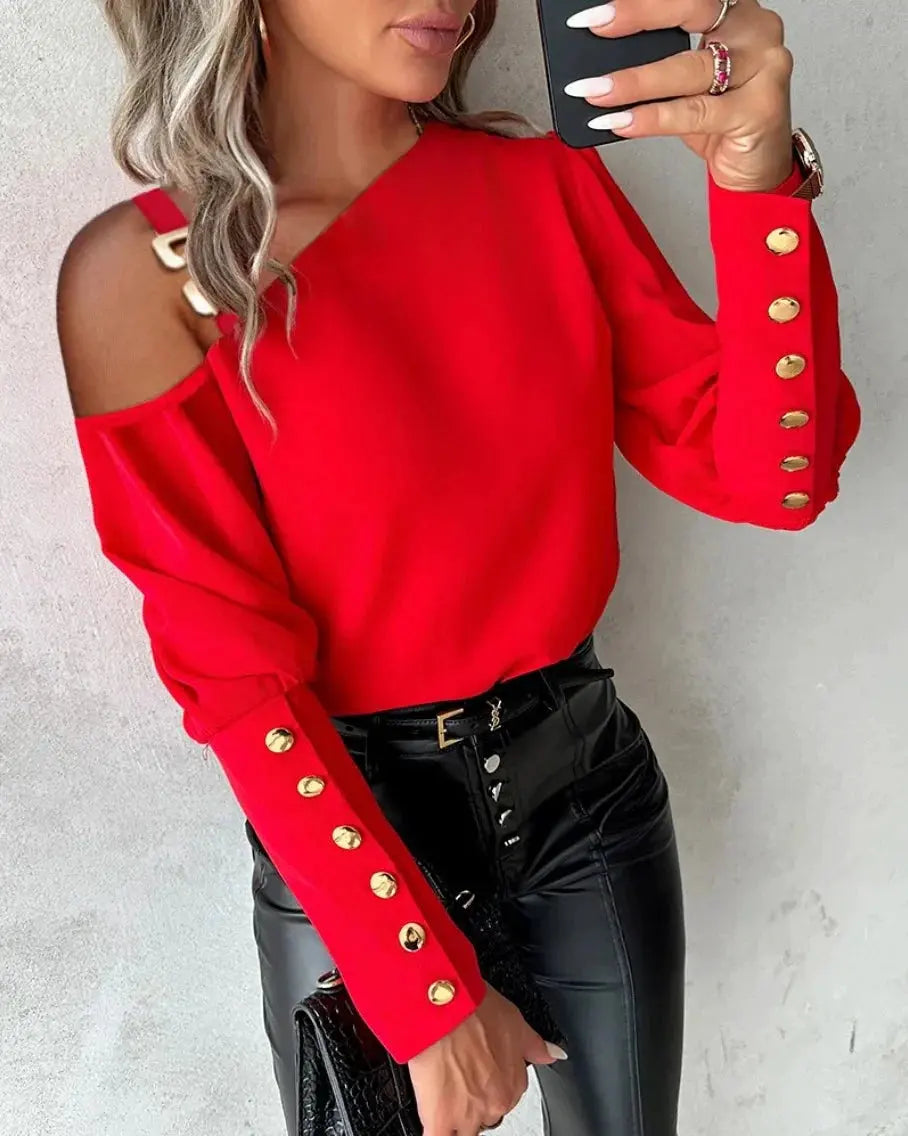 Fashion Lantern Sleeve Button Splicing Shirt Women Elegant Office Commuter O Neck Blouse Female Autumn Spring Daily Casual Tops by Shop1103552163 Store