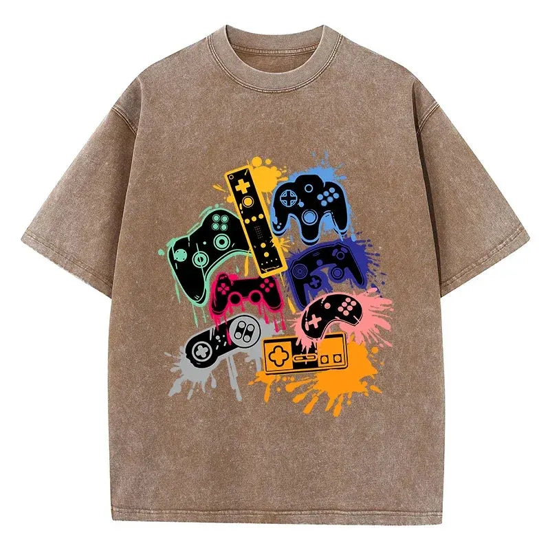 Game Console Graffiti Printing Washed T-Shirt Cotton T Shirts O-Neck Comfortable Distressed Tops Summer Mans Clothes by Vimost Shop