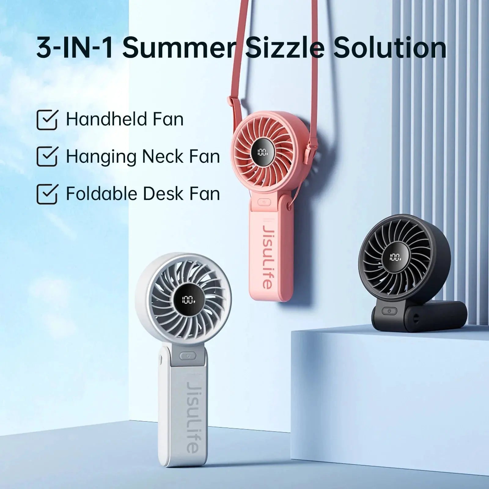 JISULIFE Portable Handheld Fan with LED Display,5 Speeds,5000mAh,150°Folded,3-IN-1 Hand/Desk/Neck Multifunction Personal Fan by JISULIFE Official Store