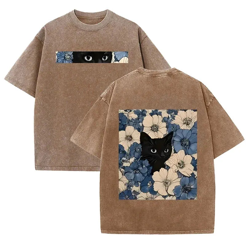 Vintage Washed Black Cat Floral T Shirt Double Sided Print Streetwear Casual Tee by Vimost Shop