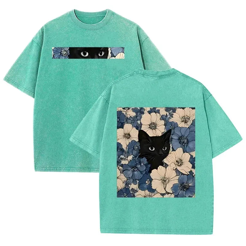 Vintage Washed Black Cat Floral T Shirt Double Sided Print Streetwear Casual Tee by Vimost Shop