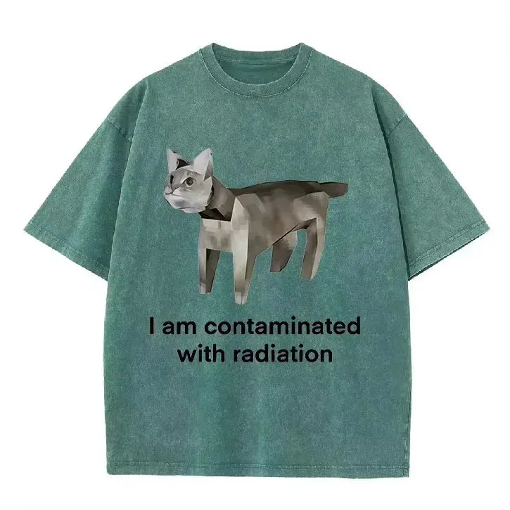 Vintage Washed Green Low Poly Radiation Cat I Am Contaminated Funny Meme Casual T Shirt by Vimost Shop