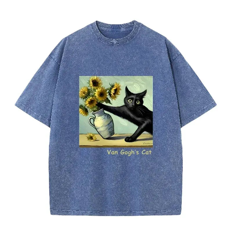 Funny s Cat Sunflower Art Print Vintage Washed Black Casual Top by Vimost Shop
