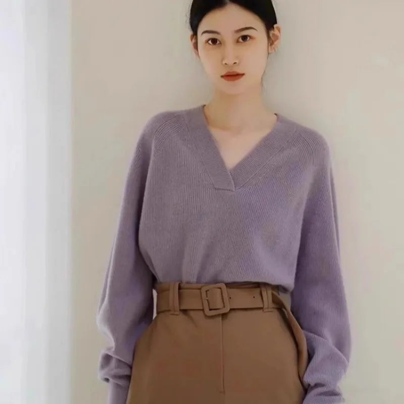 V-neck pure cashmere sweater women autumn and winter loose and versatile knitted sweater short wool base layer-1