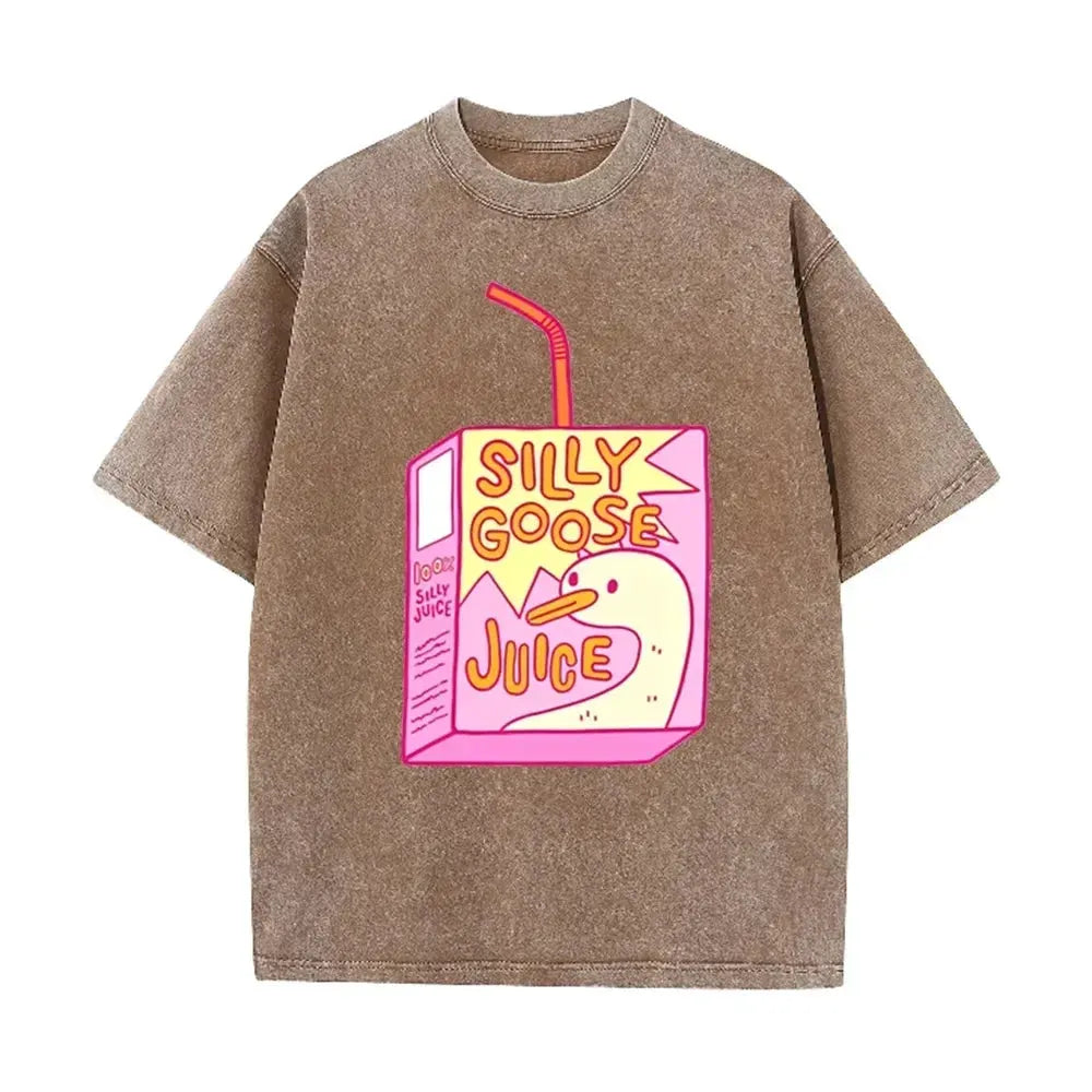 Cute Silly Goose Juice Box Print Washed Purple Y2K Aesthetic Women T-shirt by Vimost Shop