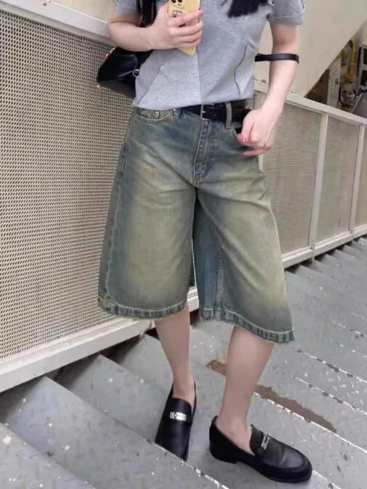 S-4XL Denim Shorts Women Chic Leisure Streetwear High Waist Korean Style Summer Knee Simple Comfortable Students Clothing New by Fertile Store