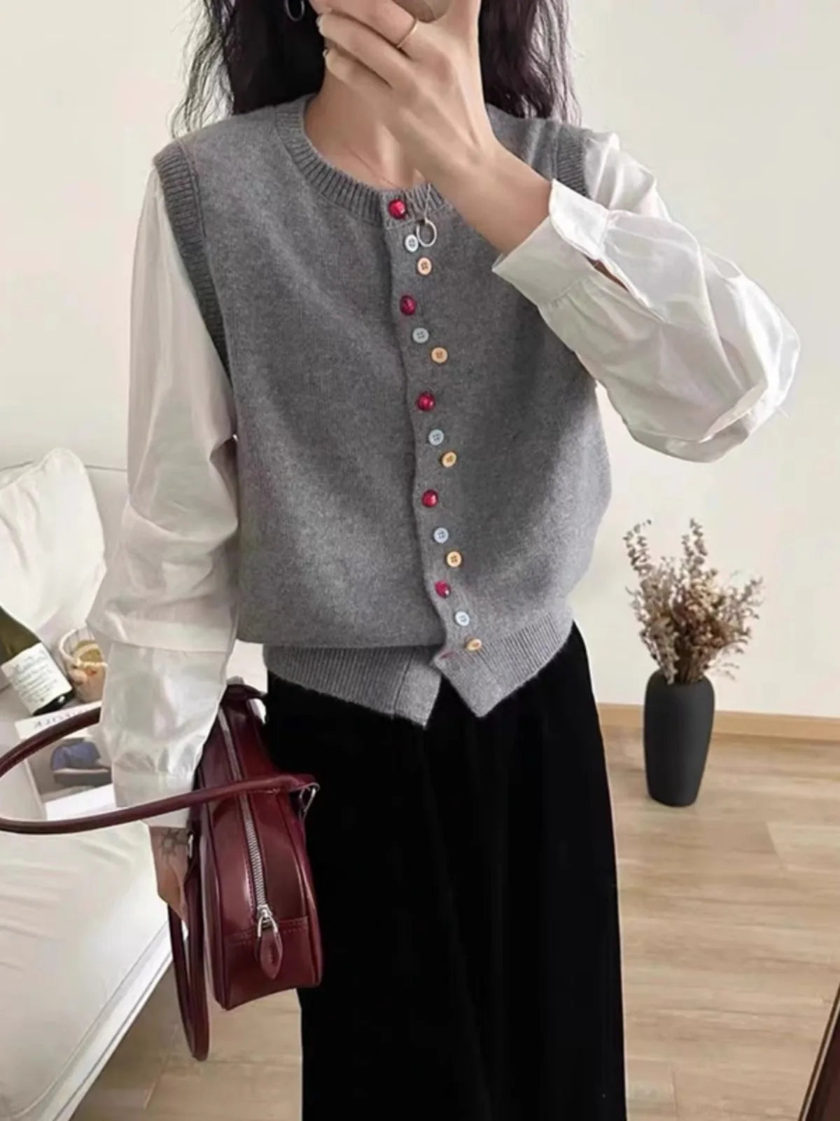 European goods color button cashmere knit vest cardigan women spring and autumn new round neck sleeveless sweater vest-1