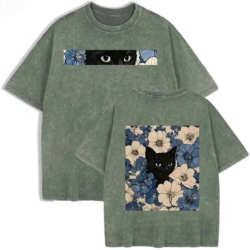 Vintage Washed Black Cat Floral T Shirt Double Sided Print Streetwear Casual Tee by Vimost Shop
