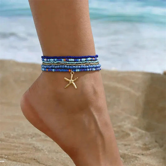 Bohemia Multilayer Rice Bead Anklet Set for Women Fashion Starfish Pendant Anklets Summer Sandy Beach Ankle Chain On Leg Jewelry by HongHaiEr Store