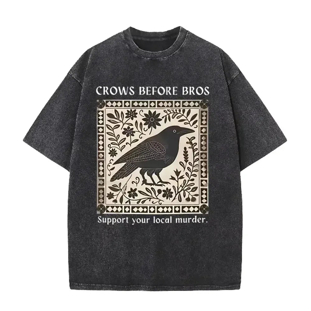 Distressed Vintage Washed Tee Vintage Square Crow Floral Print Support Local Murder Funny Slogan Loose T Shirts by Vimost Shop