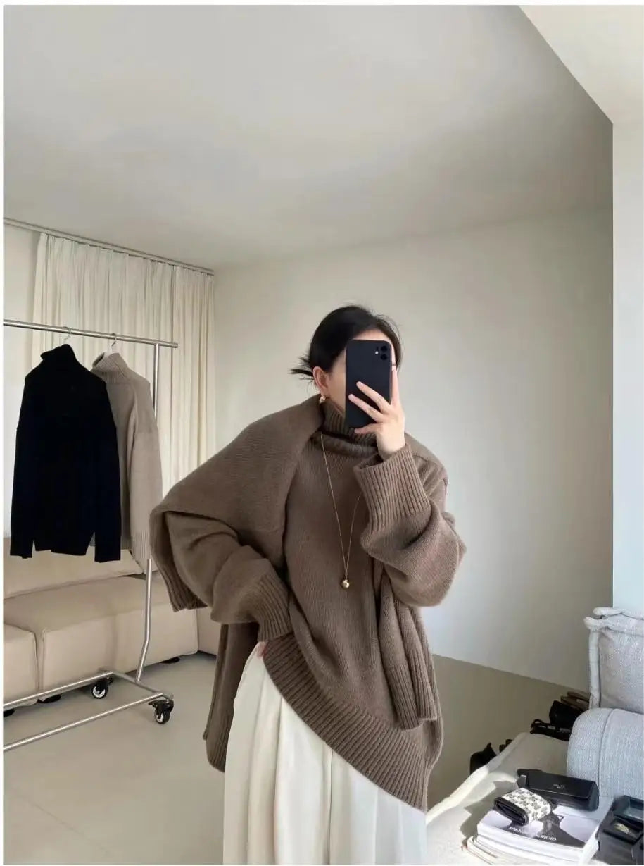 100% pure cashmere sweater for women high-neck sweater loose and thickened silhouette sweater-5