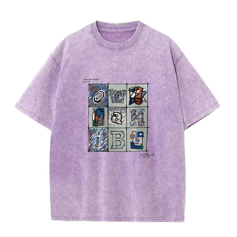 Retro Abstract Alphabet Art T Shirt Picasso Inspired Print Washed Casual Streetwear by Vimost Shop