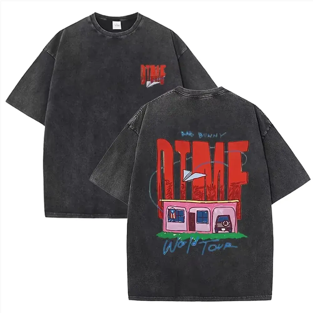 Bad Bunny DTMF World Tour Print Vintage Washed Black Casual T Shirt by Vimost Shop