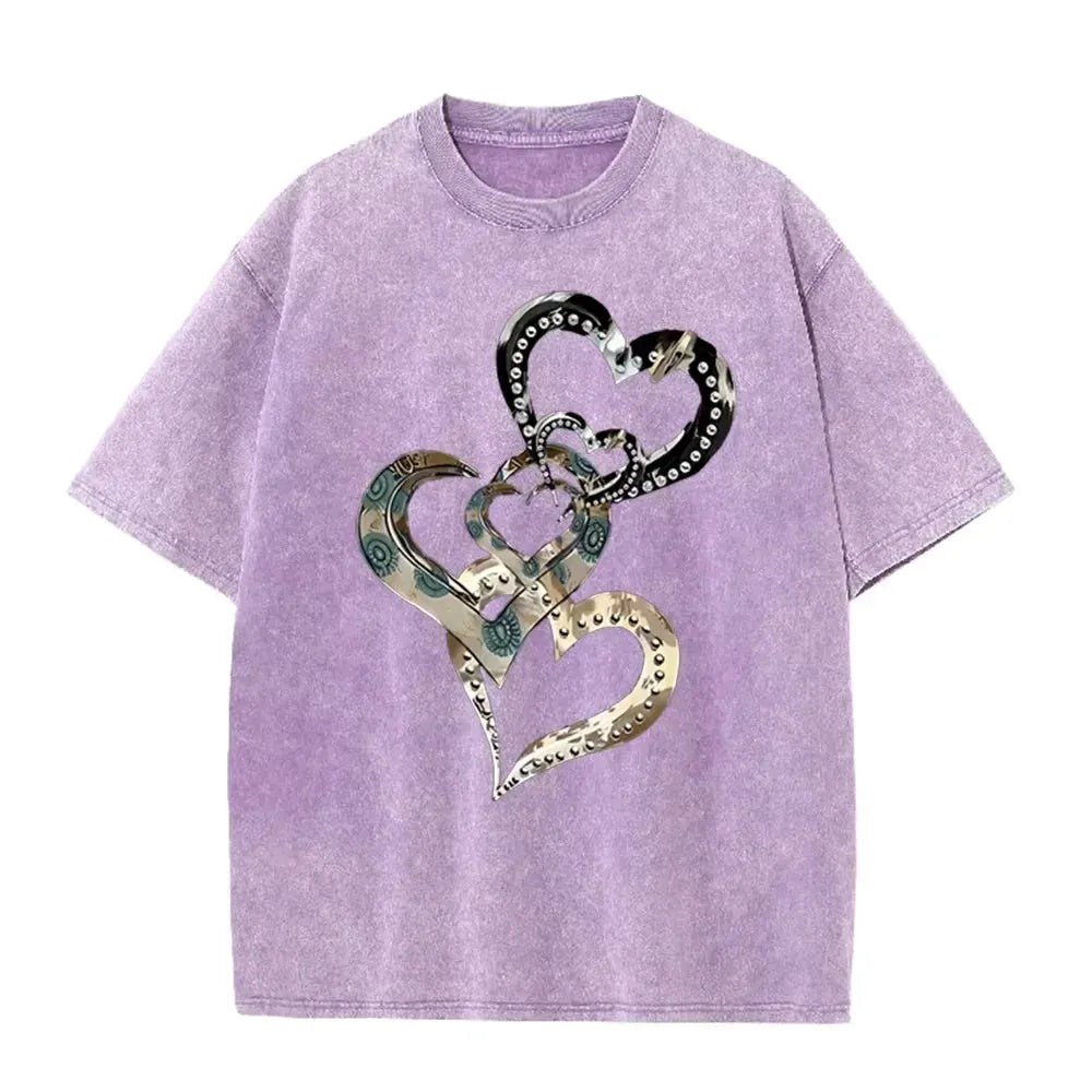 Retro Acid Wash Oversized T-shirt Metallic Multi Heart Print Punk Rivet Design Casual Street Tops by Vimost Shop