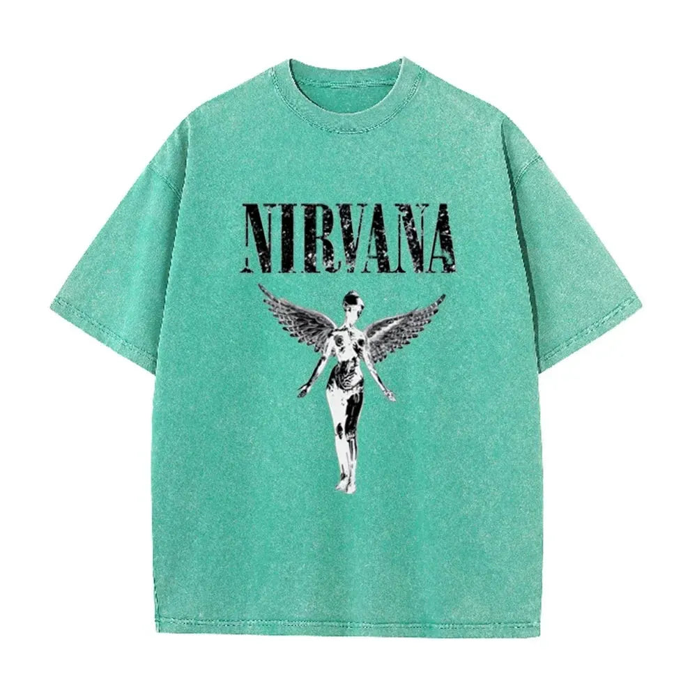 Vintage Distressed Washed Tee Nirvana Grunge Rock Silver Angel Skeleton Print Loose Fit Short Sleeve T Shirts by Vimost Shop