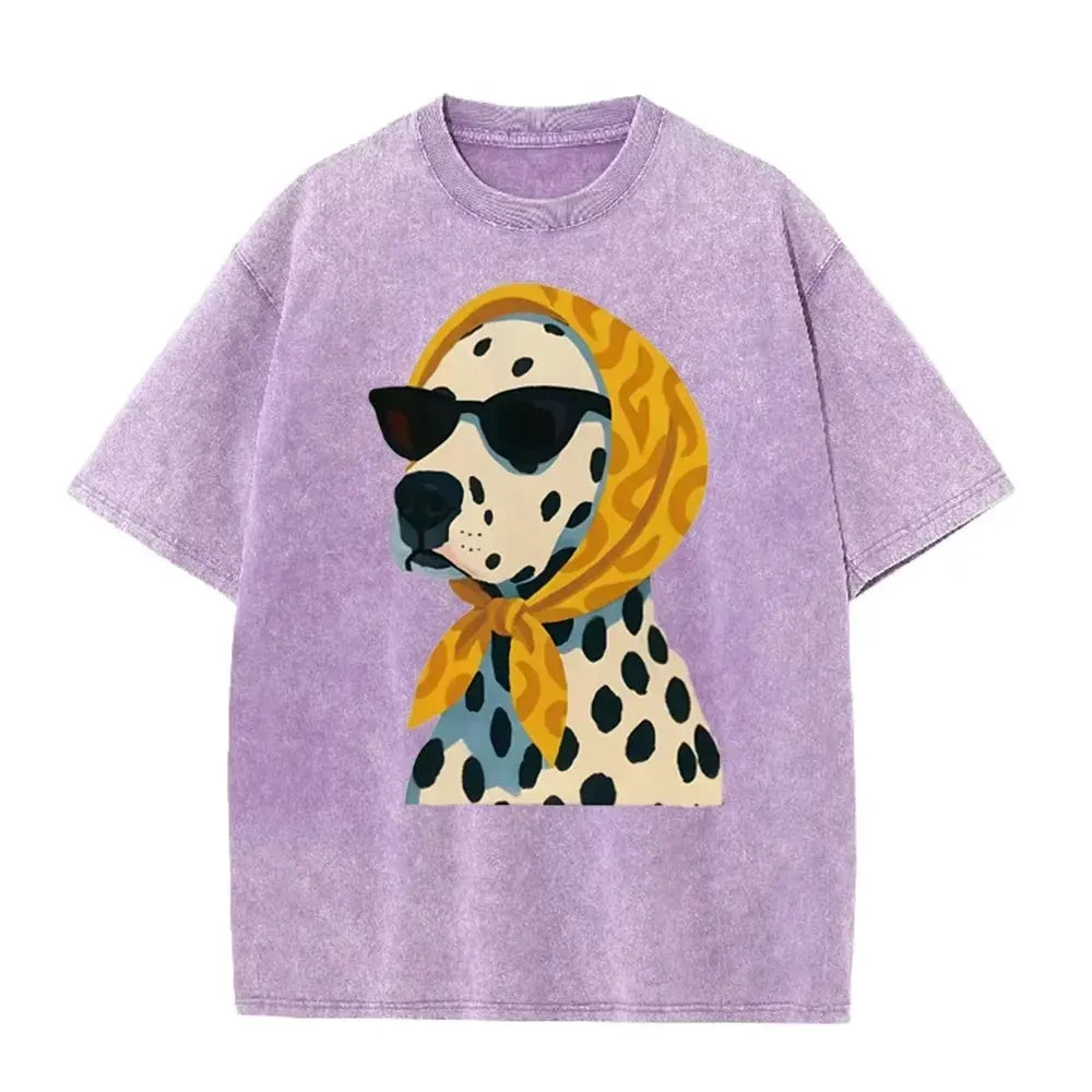 Distressed Vintage Washed Tee Stylish Cool Dalmatian Cartoon Animal Print Loose Fit Short Sleeve T Shirts by Vimost Shop