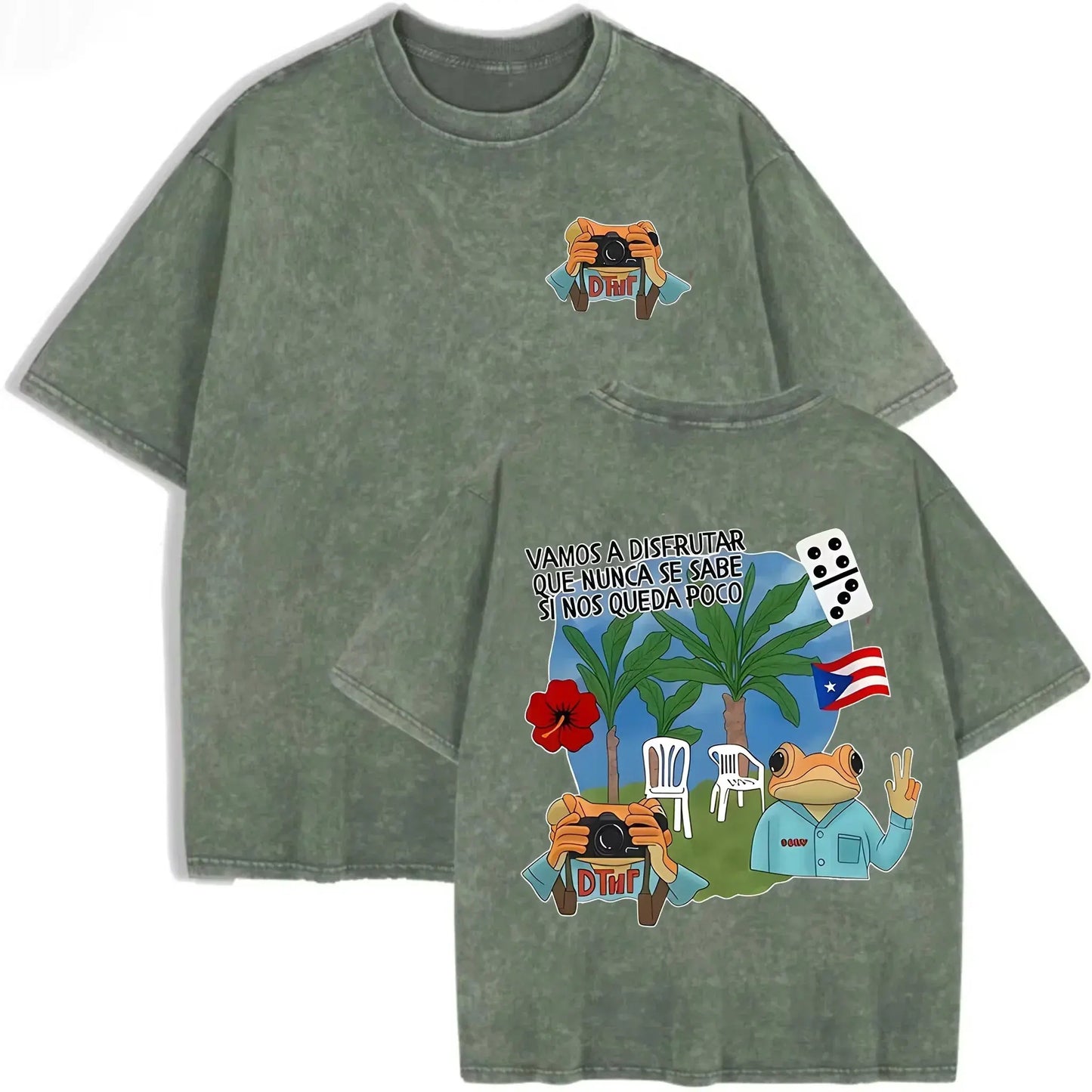 Puerto Rico Flag Frog Vamos A Disfrutar Quote Print Washed Beige Travel Lover T-shirt by Vimost Shop