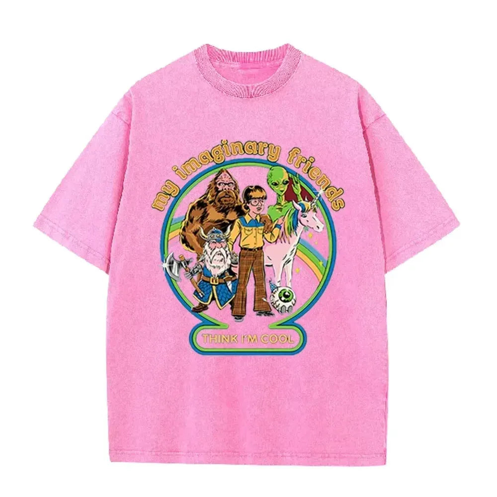 Brown Acid Wash Imaginary Friends Graphic Casual Retro Streetwear Tee by Vimost Shop