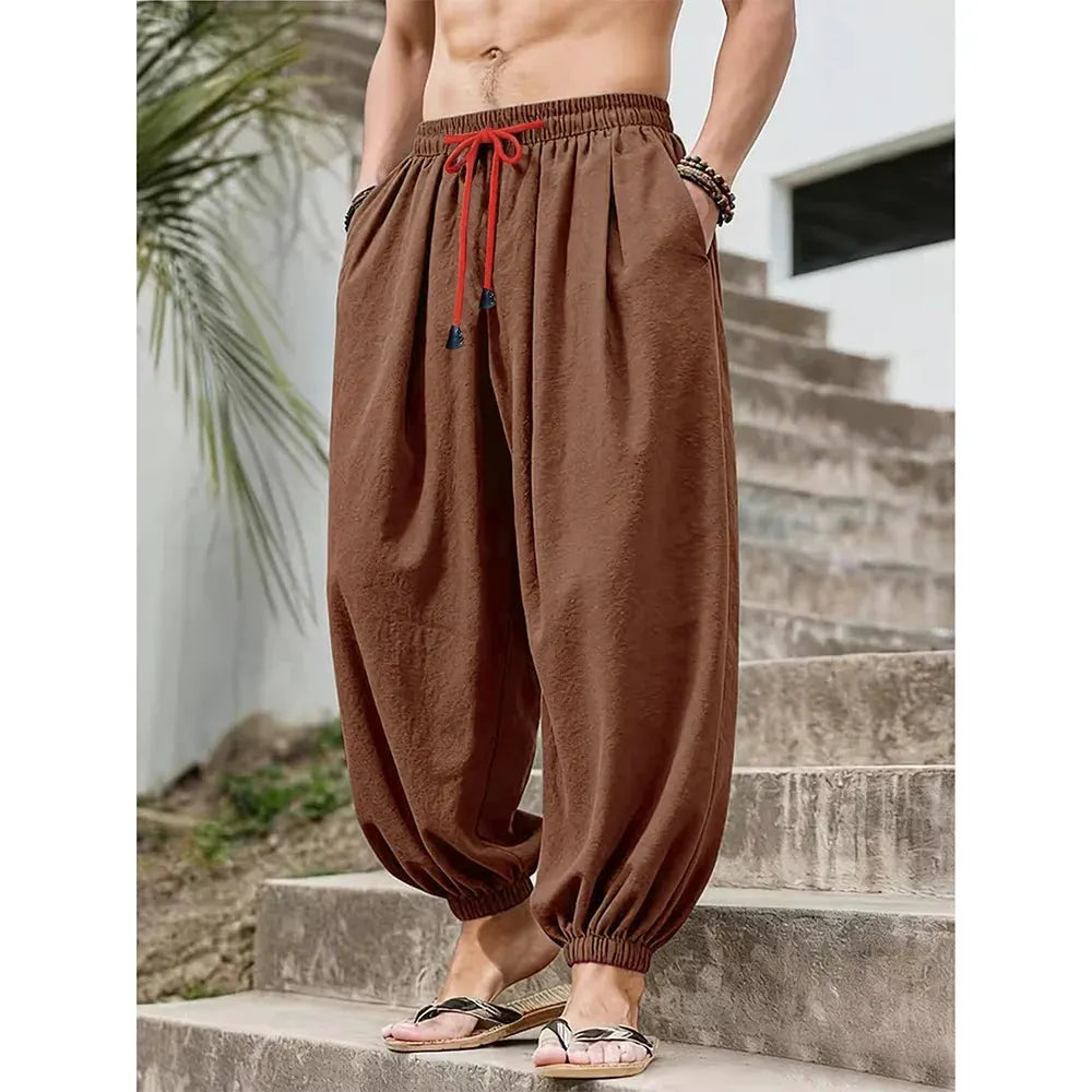 Men's Loose-Fit Cotton-Linen Harem Pants with Elastic Waist and Gathered Cuffs by Vimost Shop