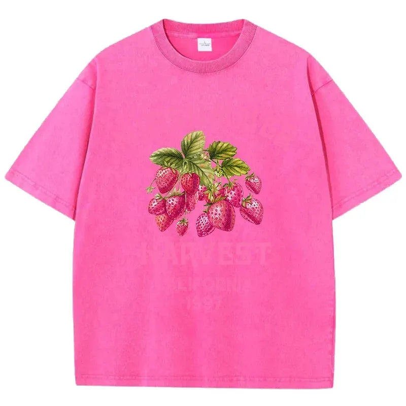 Men's Cotton T-shirt Strawberry Printed Washed T-shirt Comfortable Round Neck Top Men's Summer Clothing by Vimost Shop