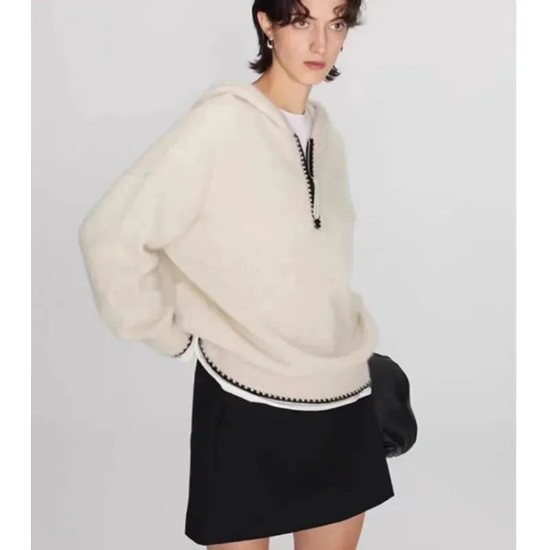 High-end half-zipper hooded 100% cashmere knitted sweater women loose and thick sweater base hoodie top by Vimost Shop
