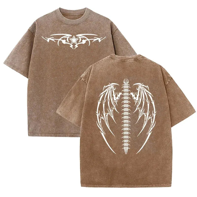Gothic Tribal Wing Spine Print Vintage Washed Gray Y2K Casual Graphic T Shirt by Vimost Shop