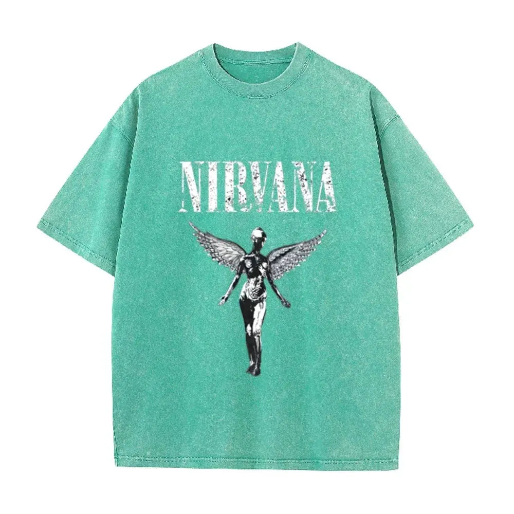 Vintage Distressed Washed Tee Nirvana Grunge Rock Silver Angel Skeleton Print Loose Fit Short Sleeve T Shirts by Vimost Shop