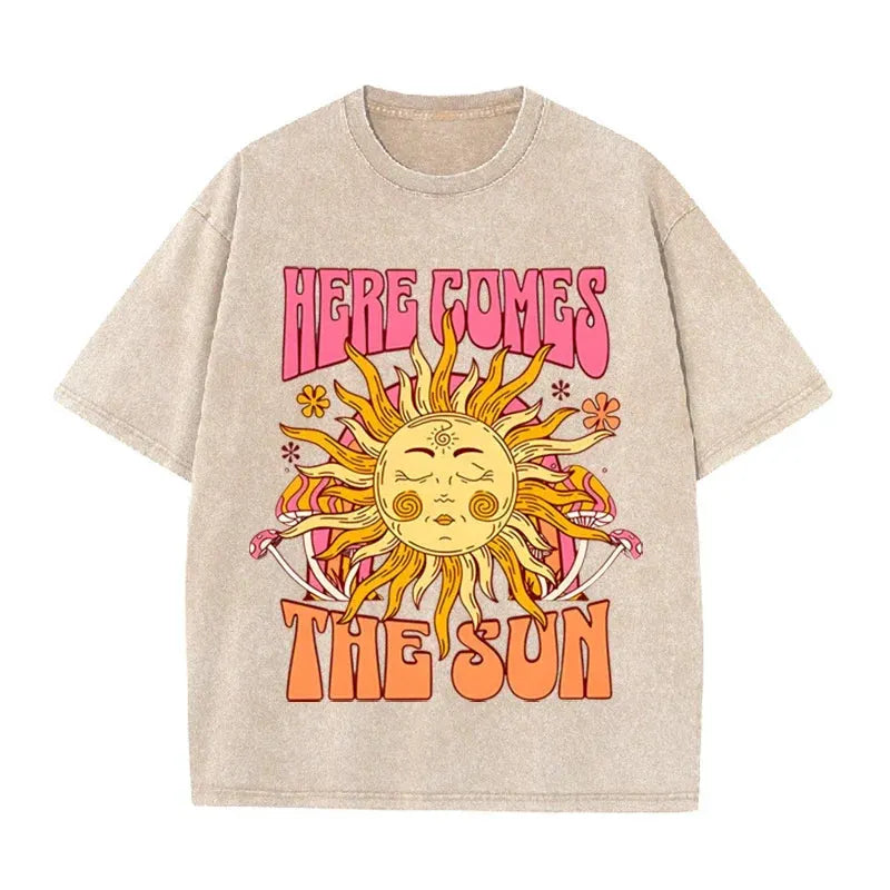 Vintage Black Here Comes The Sun T Shirt Retro Psychedelic Sun Acid Wash Tee by Vimost Shop