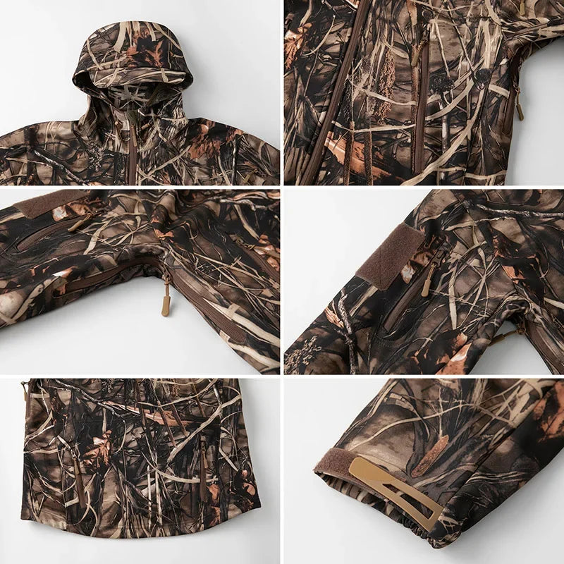 Men's Silent Camouflage Hunting Jacket Waterproof Fleece Tactical Jackets Soft Shell Outdoor Hiking Fishing Hooded Coat-3