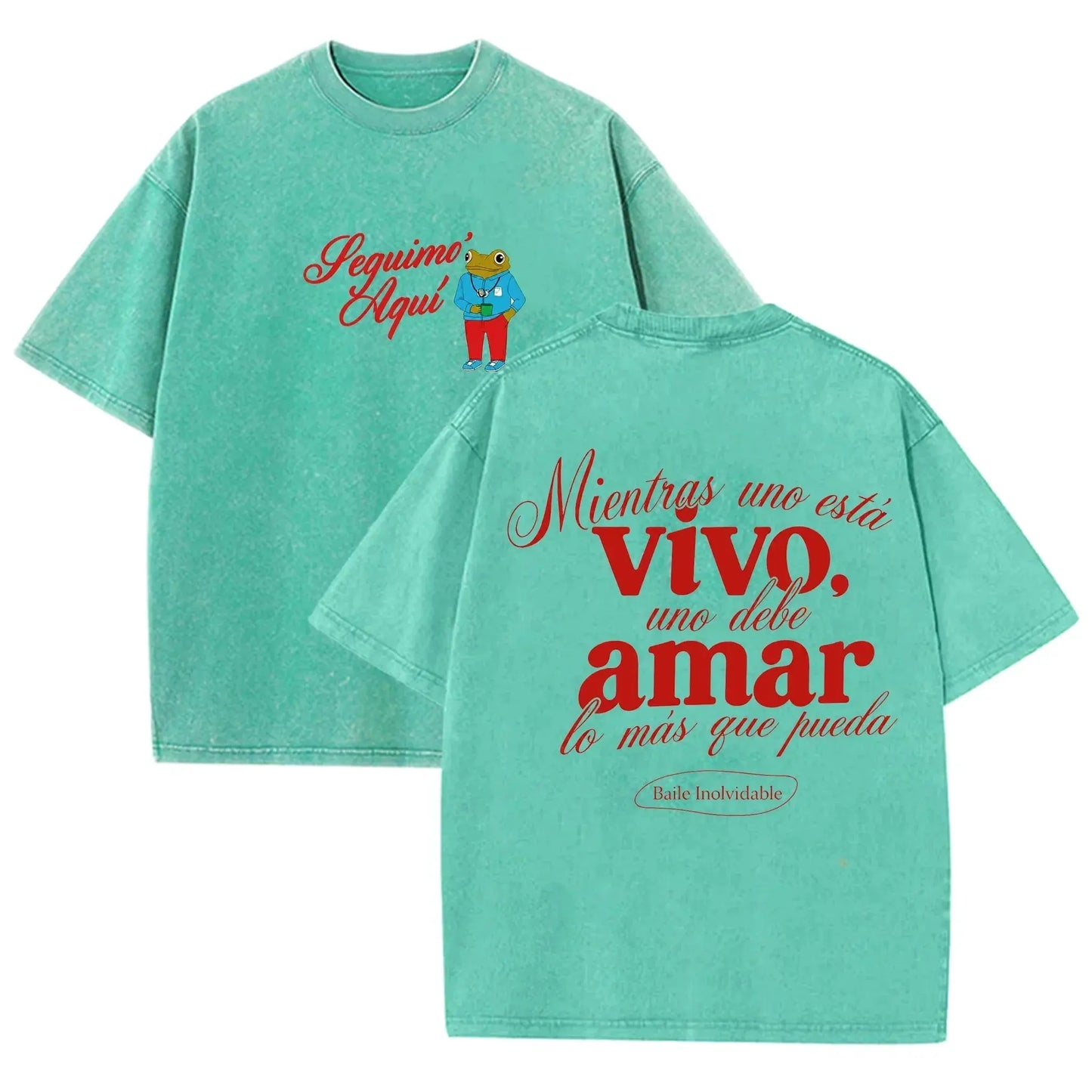 Vintage Washed Black Seguimo Aqui Frog Spanish Slogan Front Back Print Casual T Shirt by Vimost Shop