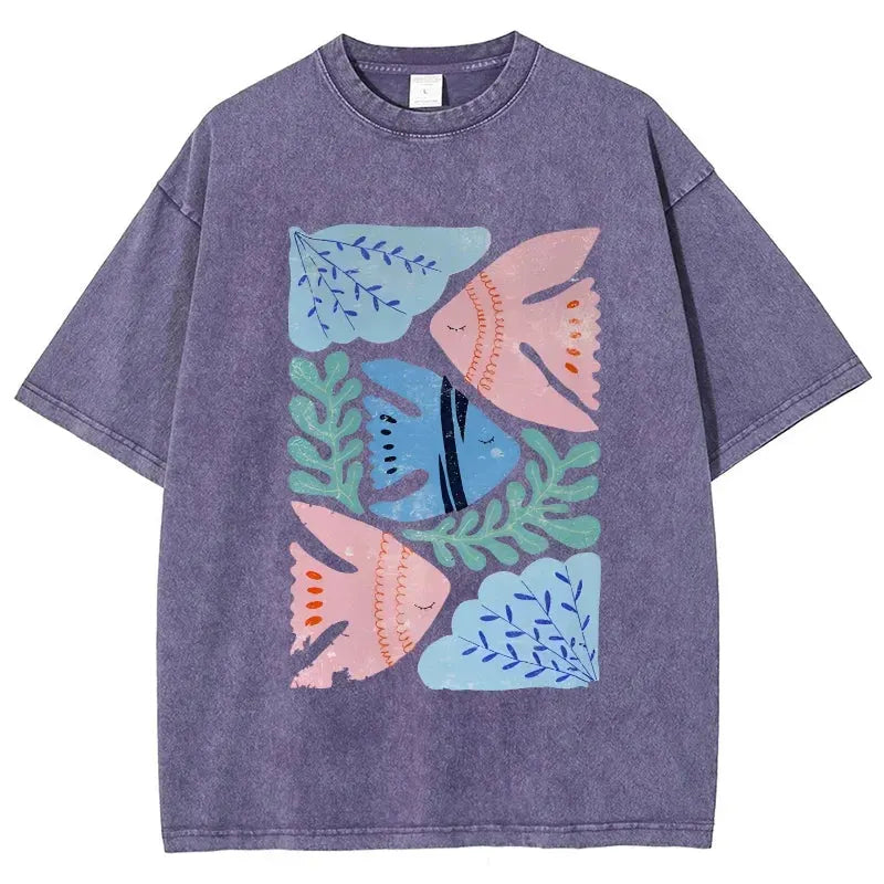 Feng Shui Minimalist Cartoon Printed Men's T-shirt Large Loose T-shirt Casual Retro Washed Short Sleeved T-shirt by Vimost Shop