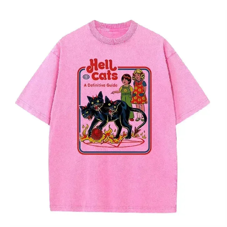 Purple Acid Wash Hell Cats Graphic Casual Retro Streetwear Tee by Vimost Shop