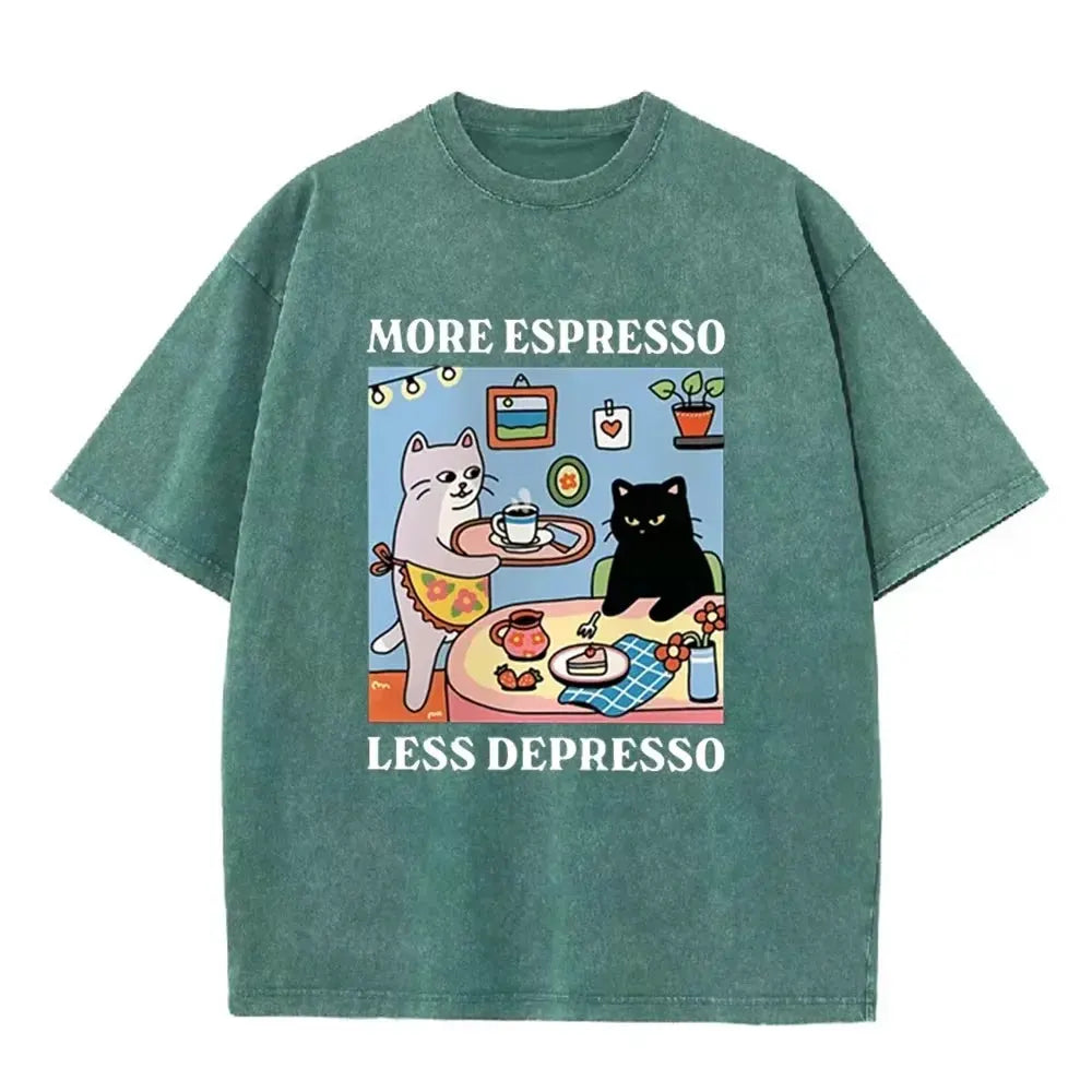 Vintage Black Cat Coffee T Shirt More Espresso Less Depresso Graphic Acid Wash Tee by Vimost Shop