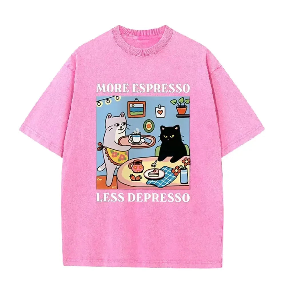 Vintage Black Cat Coffee T Shirt More Espresso Less Depresso Graphic Acid Wash Tee by Vimost Shop